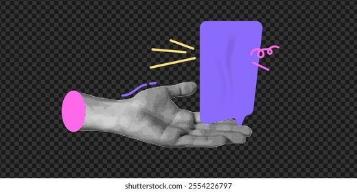 Trendy halftone collage with speech bubble, note and hand. Collage-cut hand with speech bubble and checkered note. Black and white hand with grunge sticker with realistic effect.