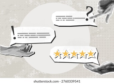 Moderna burbuja de discurso de medio tono Collage con mano y cinco estrellas. Revisión positiva. Cliente Comentarios. Alta calidad y buena reputación comercial.