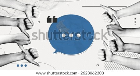 Trendy Halftone Collage Speech bubble messages and Hands with like and dislike gestures. Social media communication and discussion. Online feedback. Contemporary vector illustration art