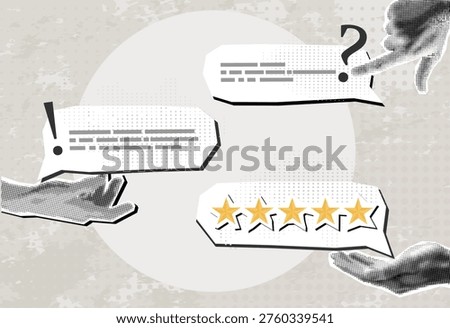 Trendy Halftone Collage speech bubble with hand and five stars. Positive review. Customer feedback. High quality and good business reputation.