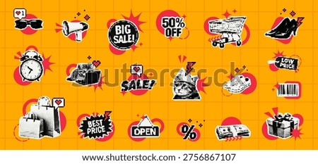 Trendy halftone collage sticker set with retail elements. Retro style elements for shopping and sale promotion concept. Graphic design elements in vector style for marketing campaign.
