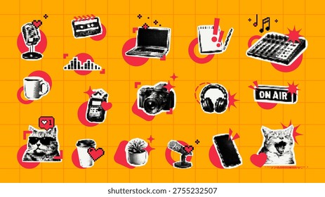 Trendy halftone collage with stickers of multimedia gadgets, cat, and podcast equipment. Retro digital art elements set on yellow grid background. Social media creator content concept.