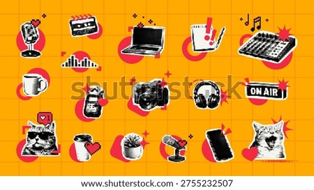Trendy halftone collage with stickers of multimedia gadgets, cat, and podcast equipment. Retro digital art elements set on yellow grid background. Social media creator content concept.