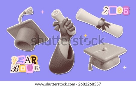 Trendy halftone collage stickers set with hands holding diploma, graduation cap, rolled paper with ribbon and torn out paper lettering. Happy graduation day elements . Modern retro style. Vector .