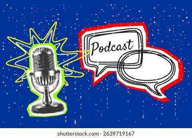 Trendy Halftone Collage with Studio Microphone for Podcast and speech bubble. Broadcast recording. Listen to educational content. Online radio. Audio streaming service.	