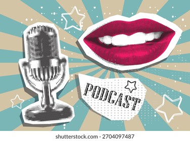 Collage de semitonos de moda con micrófono de estudio para podcast, labios sonrientes y burbuja de discurso. Grabación de transmisión. Escucha contenido educativo. Radio online. Servicio de streaming de audio.	