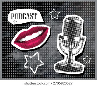 Trendy Halftone Collage with Studio Microphone for Podcast, smiling lips and speech bubble. Broadcast recording. Listen to educational content. Online radio. Audio streaming service.	