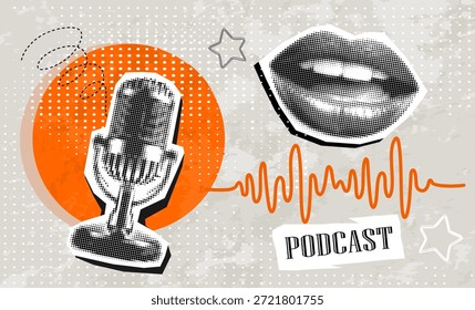 Collage de semitonos de moda con micrófono de estudio para podcast, labios parlantes y burbuja de discurso. Grabación de transmisión. Portada para podcast. Radio online. Servicio de streaming de audio.	