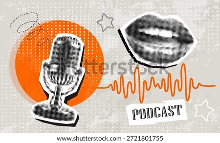 Trendy Halftone Collage with Studio Microphone for Podcast, speaking lips and speech bubble. Broadcast recording. Cover for podcast. Online radio. Audio streaming service.	