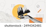 Trendy Halftone Collage Study and education concept. Hand with floating book. Human desire for knowledge. Smart thinking and brainstorming. Contemporary vector illustration art