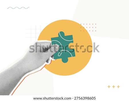 Trendy Halftone Collage style illustration of a hand holding a puzzle piece against an orange circle, representing completing the strategy, solution and business planning concept.