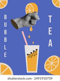 Trendy Halftone collage style poster with trendy Bubble Tea with orange juice and tapioca balls. Retro style poster for interior design. Glass of cold summer dring. Simple flat vector aesthetic. 