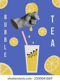 Trendy Halftone collage style poster with Bubble Tea with lemon juice and tapioca balls. Fresh lemonade poster. Retro style poster design. Glass of cold summer drink. Simple flat vector aesthetic. 