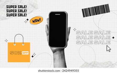 Trendy Halftone Collage Super Sale poster. Hand holding Phone with social media promotion and sale. Special discount offer. Online shopping. Announcement and marketing. Contemporary vector art
