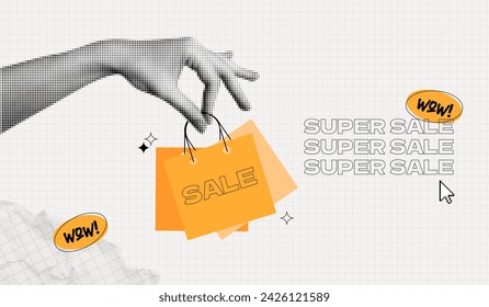 Trendy Halftone Collage Super Sale poster. Hand holding shopping bag. social media promotion and sale. Special discount offer. Online shopping. Announcement and marketing. Contemporary vector art