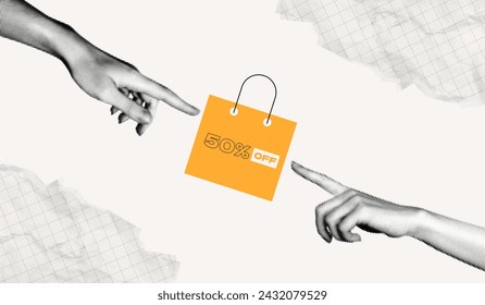 Trendy Halftone Collage Super Sale poster. Two hands pointing to shopping bag. Social media promotion and sale. Special discount offer. Sack for purchases. Contemporary vector art