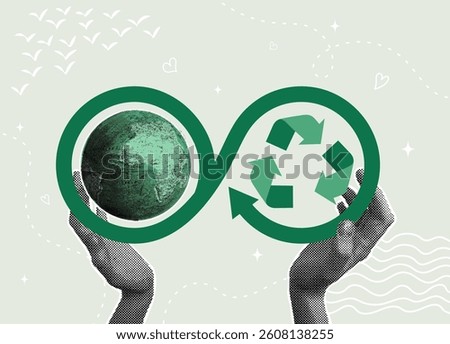 Trendy halftone collage. Sustainability. Recycling and protecting our planet.Concept of circular economy,eco-friendly product,environmental protection,recycling materials. Vector illustration