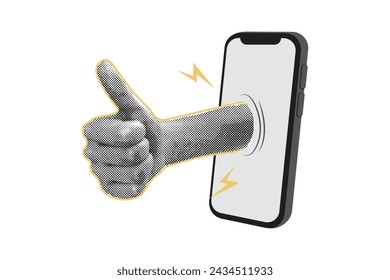 Trendy halftone collage. A thumbs up. A gesture of the hand. A thumbs up or a like sign.Customer evaluation. Customer feedback evaluation.Abstract template.