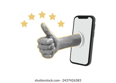 A trendy halftone collage. A thumbs up. Five stars. Top rating.Hand gesture. Thumbs up or like sign.Customer appreciation.