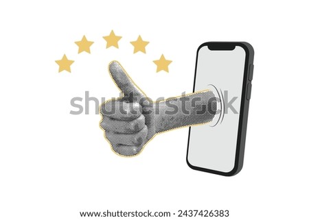 A trendy halftone collage. A thumbs up. Five stars. Top rating.Hand gesture. Thumbs up or like sign.Customer appreciation.