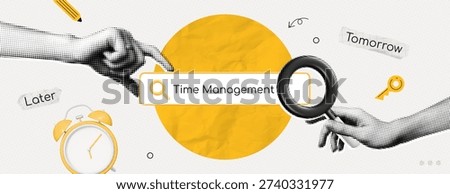 Trendy Halftone Collage Time Management concept. Employees hands with search bar. Find effective organization of processes. Business planning. Contemporary vector illustration art