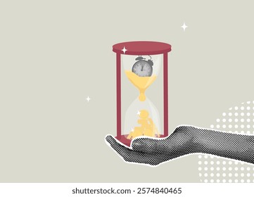 Trendy halftone collage. Time is money,analyzing investments, long term investments for profit, interest rate return by increasing savings. Halftone hand holding an hourglass, Time Management.
