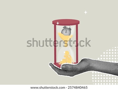 Trendy halftone collage. Time is money,analyzing investments, long term investments for profit, interest rate return by increasing savings. Halftone hand holding an hourglass, Time Management.