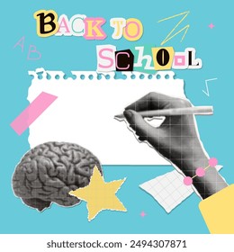 Trendy Halftone Collage with torn out paper elements. Hand writing on empty sheet. Back to school concept. Dotted effect vector illustration for social media web banner, poster, backdrop. Vector EPS10