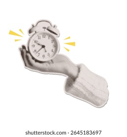 Trendy halftone collage torn out sticker. Female hand holding a ringing alarm clock. Reminder on calendar. Vector business concepts for graphic and web design, school marketing, social media.
