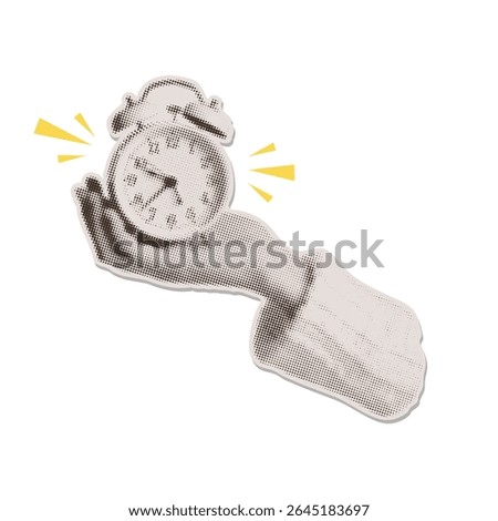 Trendy halftone collage torn out sticker. Female hand holding a ringing alarm clock. Reminder on calendar. Vector business concepts for graphic and web design, school marketing, social media.
