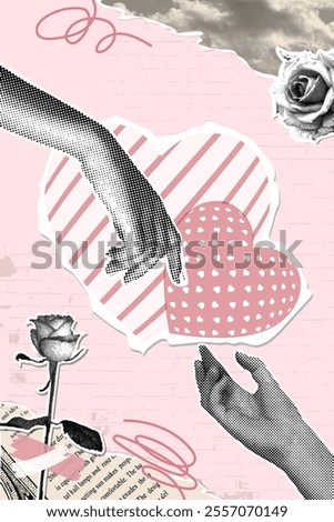 Trendy halftone collage. Torn paper, old newspaper and photo, hands reaching for each other on hearts background, retro flowers, old grunge style paper. Trendy retro collage from the 90s. Vector