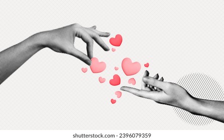 Trendy Halftone Collage Two Female Hand with floating Hearts. Social media emoticon. Happy Valentine and Mother Day. Share love. Contemporary vector illustration art