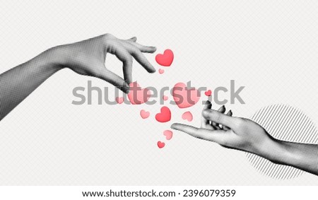 Trendy Halftone Collage Two Female Hand with floating Hearts. Social media emoticon. Happy Valentine and Mother Day. Share love. Contemporary vector illustration art