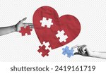 Trendy Halftone Collage Two Hand put together heart-shaped puzzle. Concept of building love and strong relationships. Mental health care team working. Valentine's day. Contemporary vector art