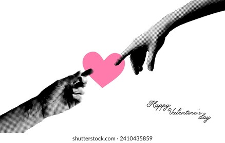 Trendy Halftone Collage Two Hand touching Heart. Social media minimalistic banner template. Happy Valentine and Mother Day. Share love. Contemporary vector illustration art