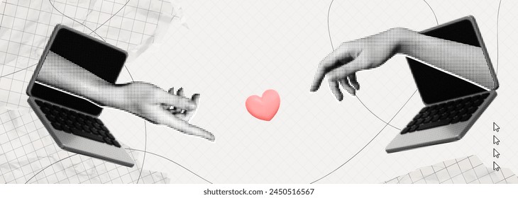 Trendy Halftone Collage Two Hand from laptop screen point to heart. Online dating and long distance relationship concept. Internet chatting and communication. Paper elements. Contemporary vector art