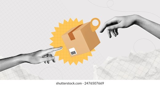 Trendy Halftone Collage Two Hand pointing to cardboard box with location pin. Online shopping and delivery concept. Delivery of package from hand to hand. Contemporary vector illustration art