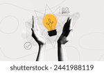 Trendy Halftone Collage Two Hands holds lightbulb. Creative mind or brainstorm. Create creative idea concept. Business solutions. Think outside the box. Marketing time. Contemporary vector art