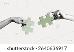 Trendy Halftone Collage Two Hands combine puzzle pieces. Teamwork and brainstorm concept. Business idea and solution. Partnership relationship. Contemporary vector illustration art