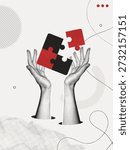 Trendy Halftone Collage Two Hands holding puzzles pieces together. Teamwork concept. Business idea and solution. Partnership relationship. Problem solving. Contemporary vector illustration art