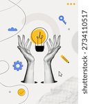 Trendy Halftone Collage Two Hands holds lightbulb. Creative mind, brainstorm or innovation. Create creative idea concept. Business solutions. Think outside box. Contemporary vector illustration art