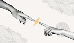 Trendy Halftone Collage Two Hands Pointing To Lightning Bolt. Power Of Teamwork. Digital Contemporary Art. SEO Marketing Concept. Business Idea. Vector Retro Pop Art Illustration