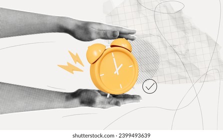 Collage de moda de media tono de dos manos con reloj de alarma amarillo. Gestión del tiempo y concepto de plazo. Planificación empresarial y organización. Estilo de papel de revista. Ilustración de arte pop vectorial contemporáneo