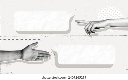 Trendy Halftone Collage Two Hands having social media speech bubble messages. Discussion and communication. Paper texture. Abstract dialogue. Online conversation. Vector contemporary art