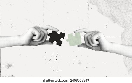 Trendy Halftone Collage Two Hands combine puzzle pieces. Teamwork concept. Business idea and solution. Partnership relationship. New startup. Career development. Vector contemporary art