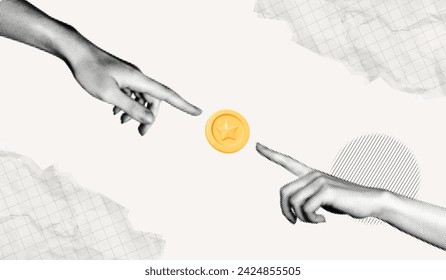 Trendy Halftone Collage Two hands pointing to golden coin. Online payment. Transfer or currency exchange. Teamwork in business. Finance concept. Get cashback or bonus. Contemporary vector art