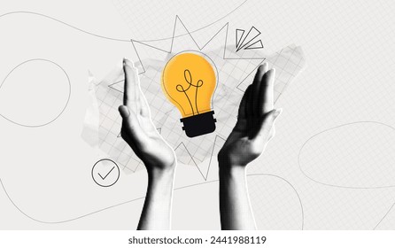 Trendy Halftone Collage Two Hands holds lightbulb. Creative mind or brainstorm. Create creative idea concept. Business solutions. Think outside the box. Marketing time. Contemporary vector art