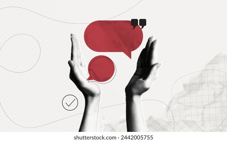 Trendy Halftone Collage Two Hands holding speech bubble messages. Social media communication. Contemporary art. Empty space for quote, plan and idea. Creative abstract template. Vector illustration