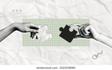 Trendy Halftone Collage Two Hands combine puzzle pieces. Teamwork and brainstorm concept. Business idea and solution. Partnership relationship. Contemporary art vector illustration