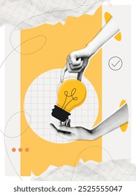 Trendy Halftone Collage Two Hands holds lightbulb. Creative mind or brainstorm. Create creative idea concept. Business solutions. Think outside the box. Marketing time. Contemporary vector art